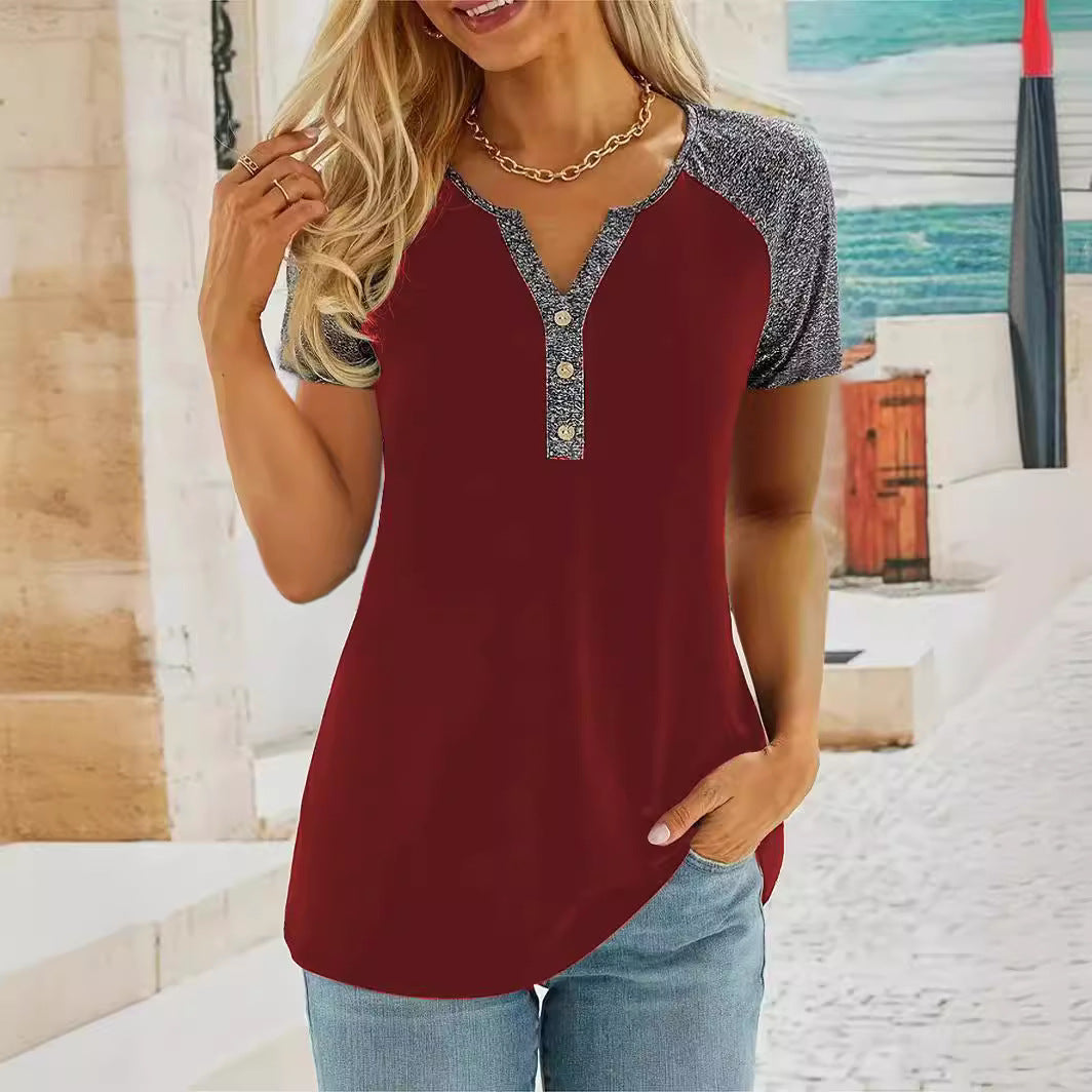 Damen Casual T-Shirt mit Knopfleiste und Kontrastärmel Stalluxe