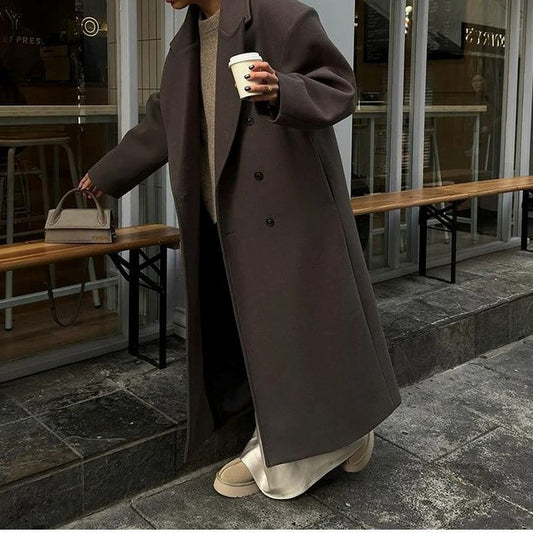 Damen Eleganter Langmantel mit doppelter Knopfleiste und breitem Kragen Stalluxe