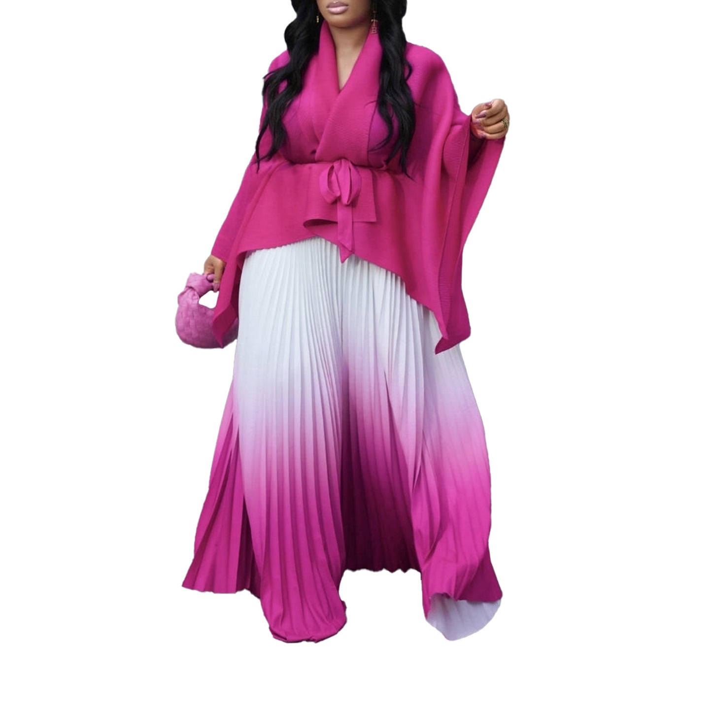 Damen langes Plissee Kleid mit Cape und Gürtel Stalluxe