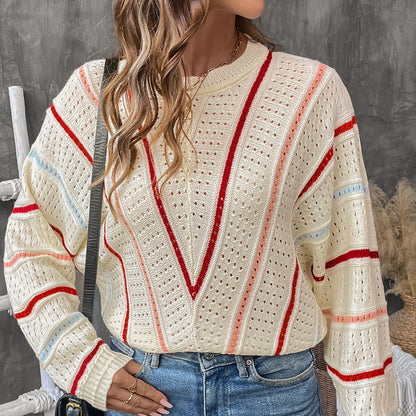 Damen lockerer Strickpullover mit modischem Lochmuster und farbigen Streifen Stalluxe