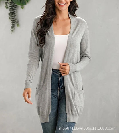 Damen Lange Strickjacke mit offenen Front und praktischen Taschen Stalluxe Weiß