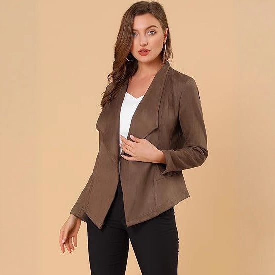 Damen modische Synthetiklederjacke mit offenem Schnitt und Taschen Stalluxe