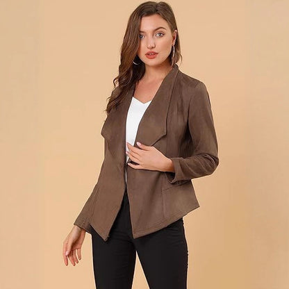 Damen modische Synthetiklederjacke mit offenem Schnitt und Taschen Stalluxe