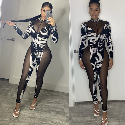 Damen Eleganter Jumpsuit mit transparenten Einsätzen und grafischem Print Stalluxe