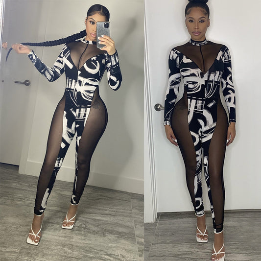 Damen Eleganter Jumpsuit mit transparenten Einsätzen und grafischem Print Stalluxe