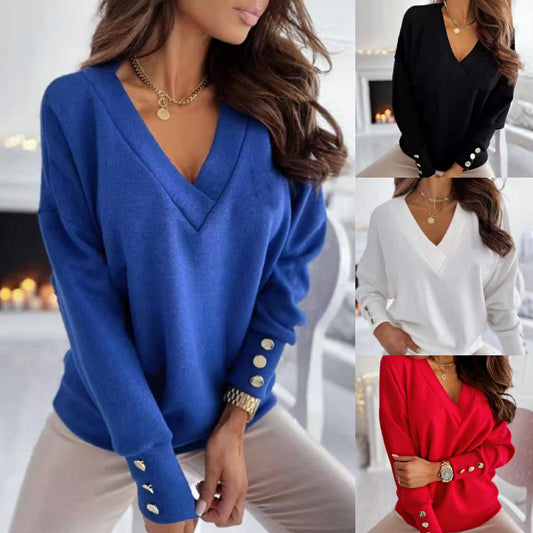 Damen Weicher Pullover mit tiefem V-Ausschnitt und dekorativen Knopfdetails Stalluxe