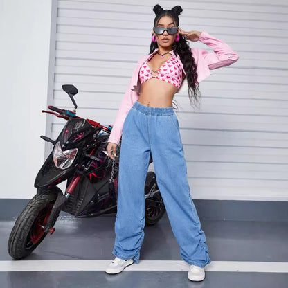 Damen Weit geschnittene Denim-Hose mit elastischem Bund und modernen Raffungselementen Stalluxe