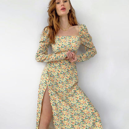 Damen Blütendes Maxikleid mit asymmetrischem Schlitz und Puffärmeln Stalluxe