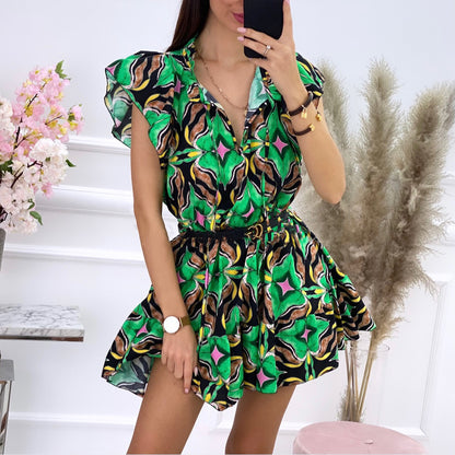 Damen Kurzes Hemdblusenkleid mit voluminösen Ärmeln und floralem Druck Stalluxe