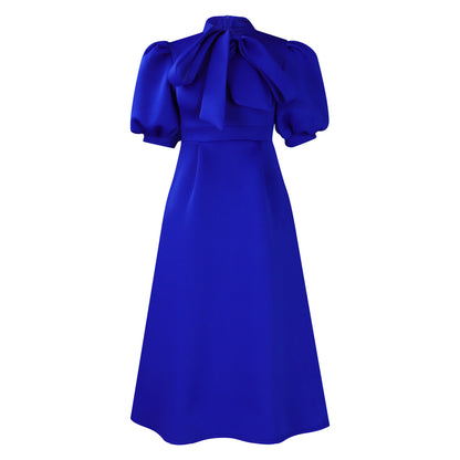 Damen Midi-Kleid mit eleganter Schleifenansatz und Puffärmel Stalluxe