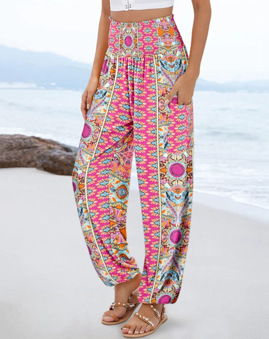 Damen weite Palazzo-Hose mit buntem Paisleymuster und elastischem Bund Stalluxe