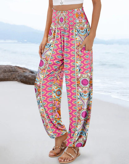 Damen weite Palazzo-Hose mit buntem Paisleymuster und elastischem Bund Stalluxe
