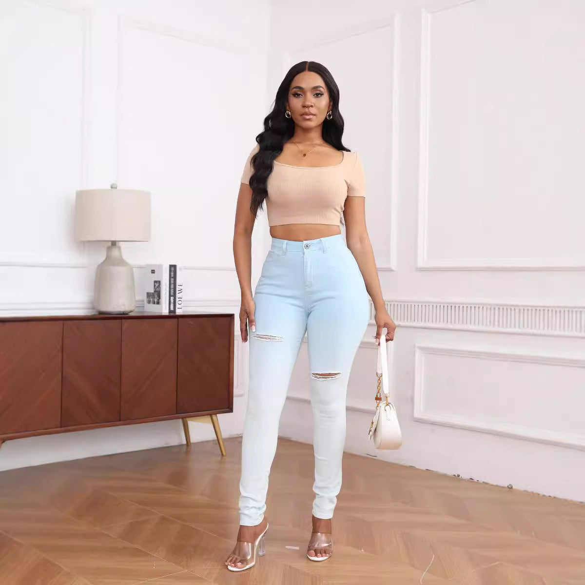 Damen Skinny Jeans mit hohem Bund und modischen Riss-Details Stalluxe