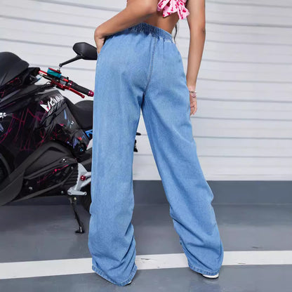 Damen Weit geschnittene Denim-Hose mit elastischem Bund und modernen Raffungselementen Stalluxe