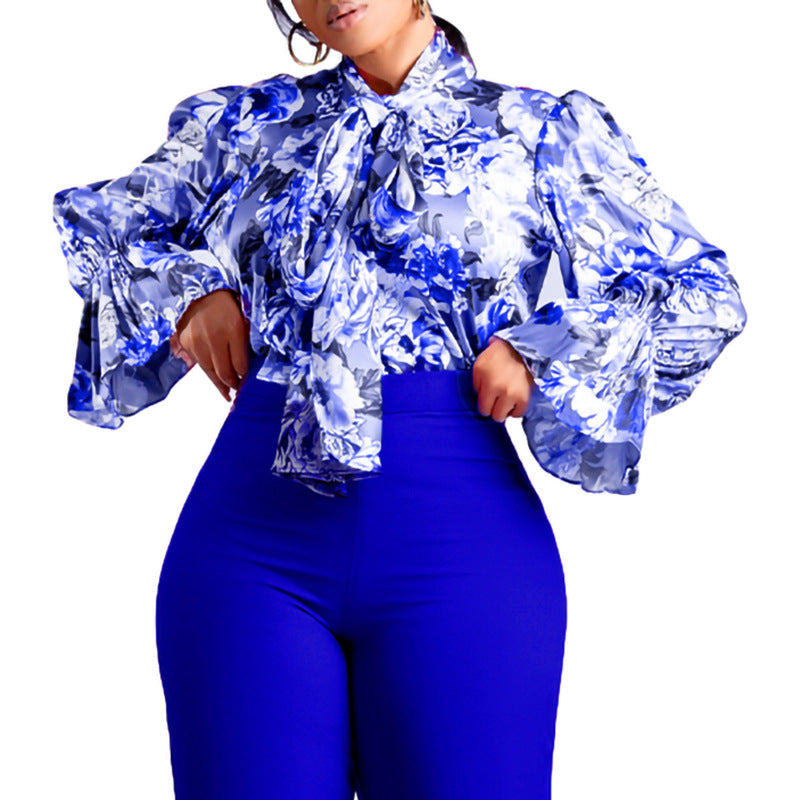 Damen Schlupfbluse mit großflächigem Blumendruck und Stehkragen Stalluxe