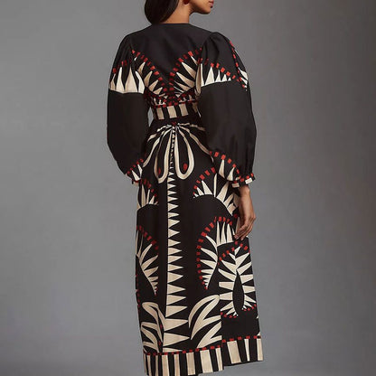 Damen Maxikleid mit ausgefallenem geometrischem Muster und eleganter Knopfleiste Stalluxe