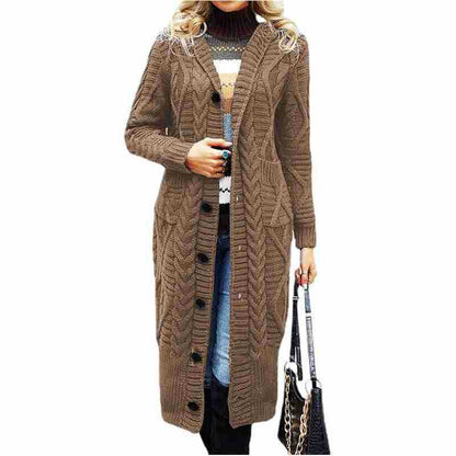 Damen Eleganter Strickmantel mit tiefem V-Ausschnitt und aufwendigem Zopfmuster Stalluxe