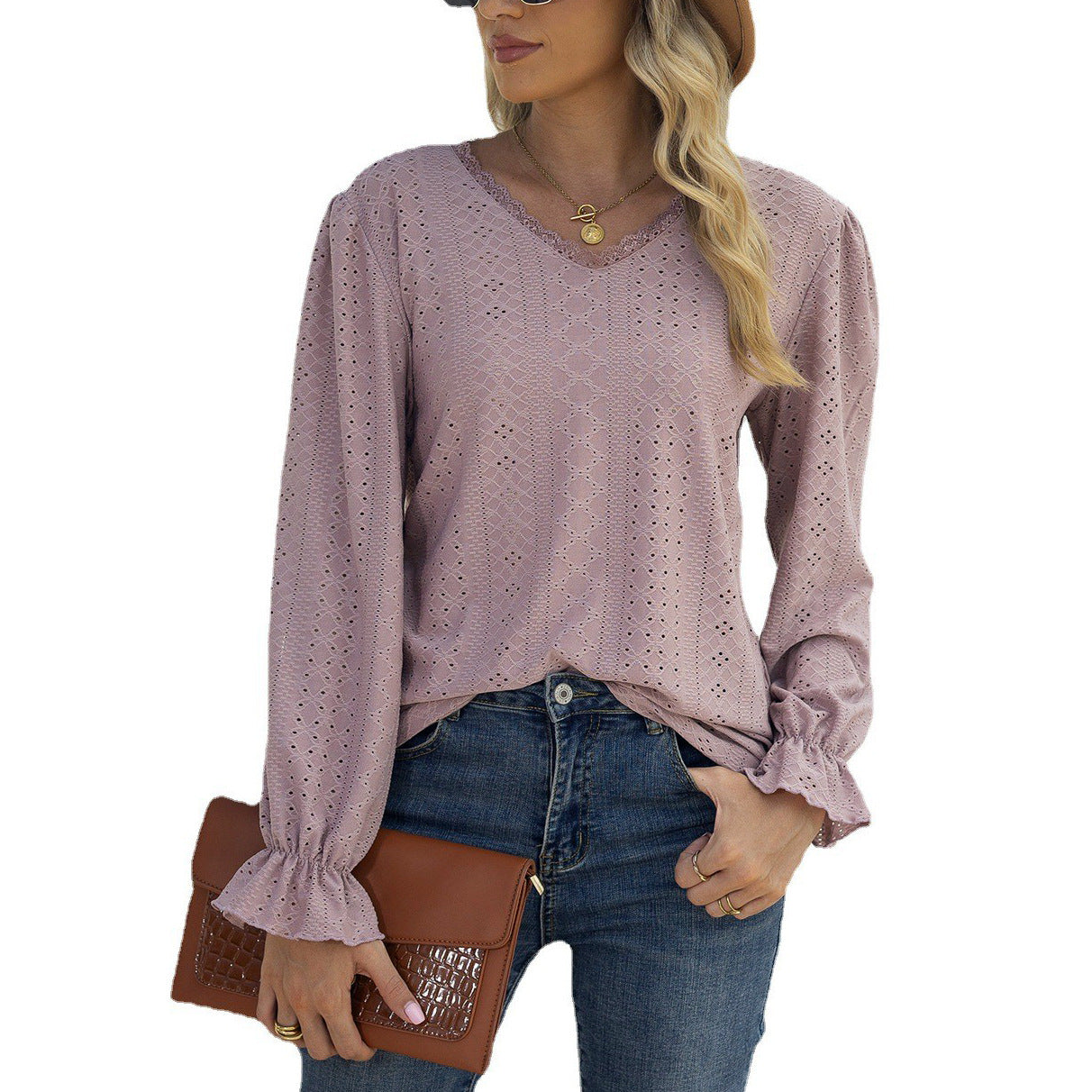 Damen Blusenshirt mit Lochmuster und elastischen Ärmelbündchen Stalluxe