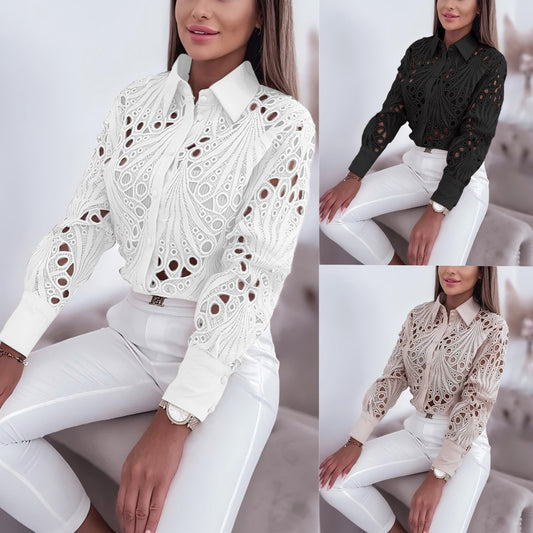 Damen Hemdbluse mit aufwendiger Spitzendetail und Knopfverschluss Stalluxe
