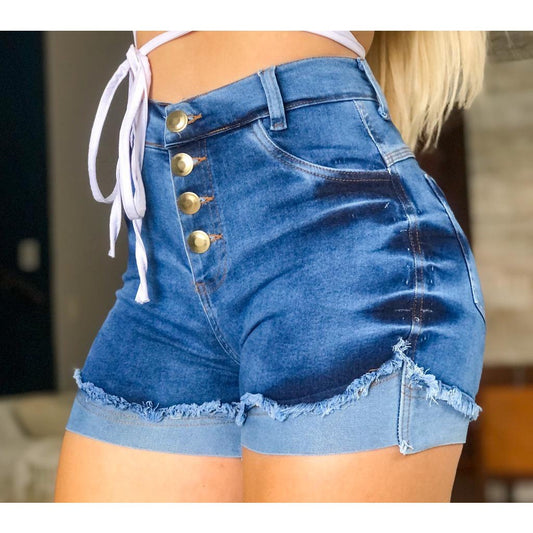 Damen High-Waist Jeans-Shorts mit Knopfverschluss und Fransen Stalluxe