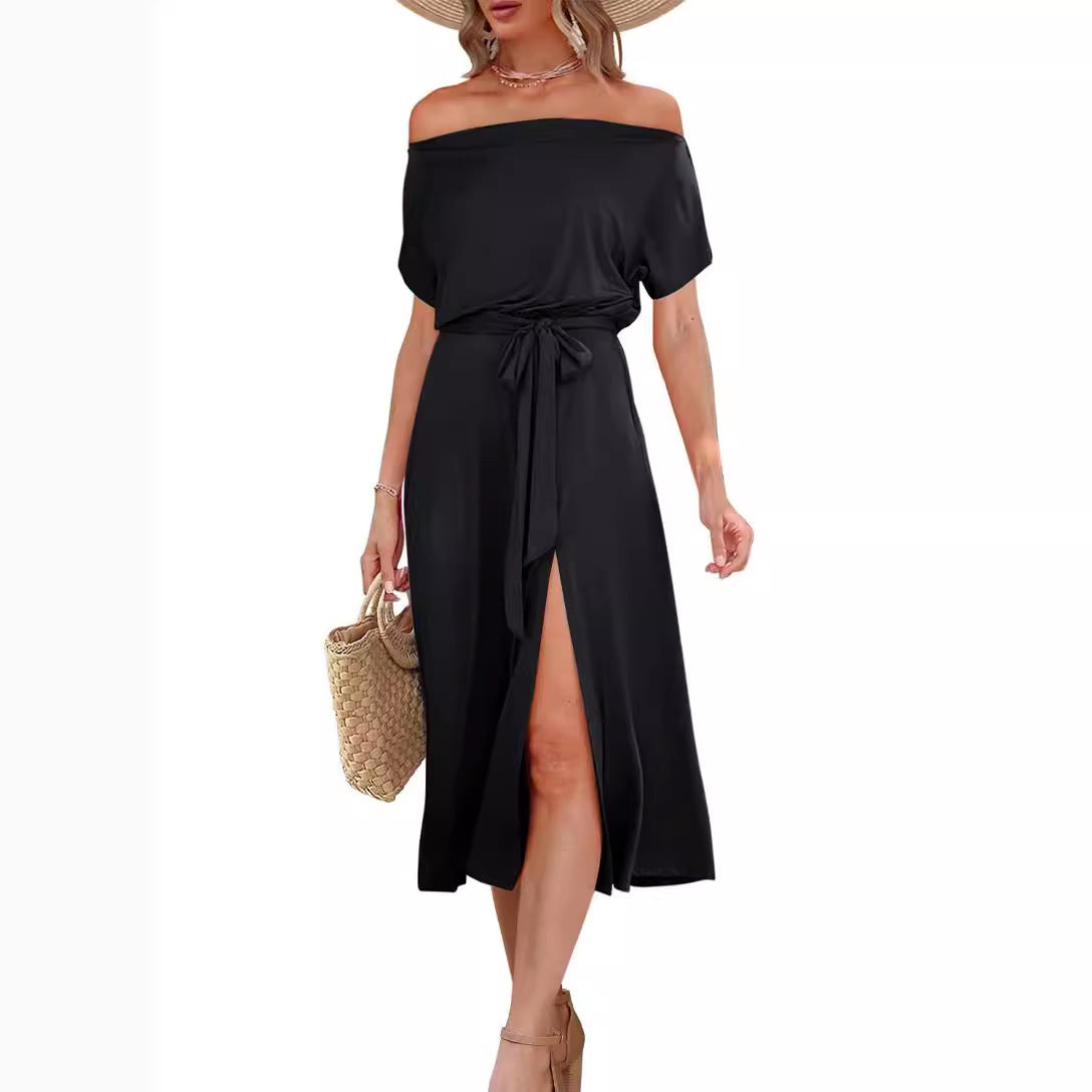 Damen Off-Shoulder Midikleid mit Taillengürtel und praktischen Taschen Stalluxe