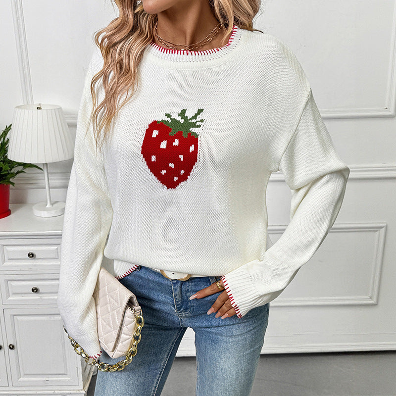 Damen Pullover mit Erdbeer-Motiv und Rippdetails Stalluxe