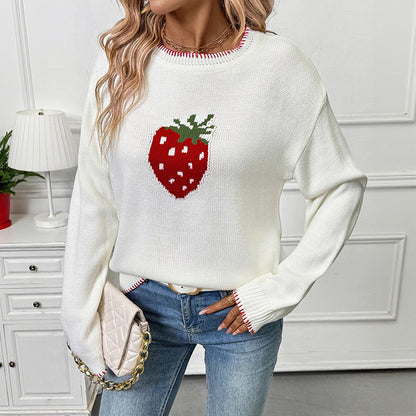 Damen Pullover mit Erdbeer-Motiv und Rippdetails Stalluxe