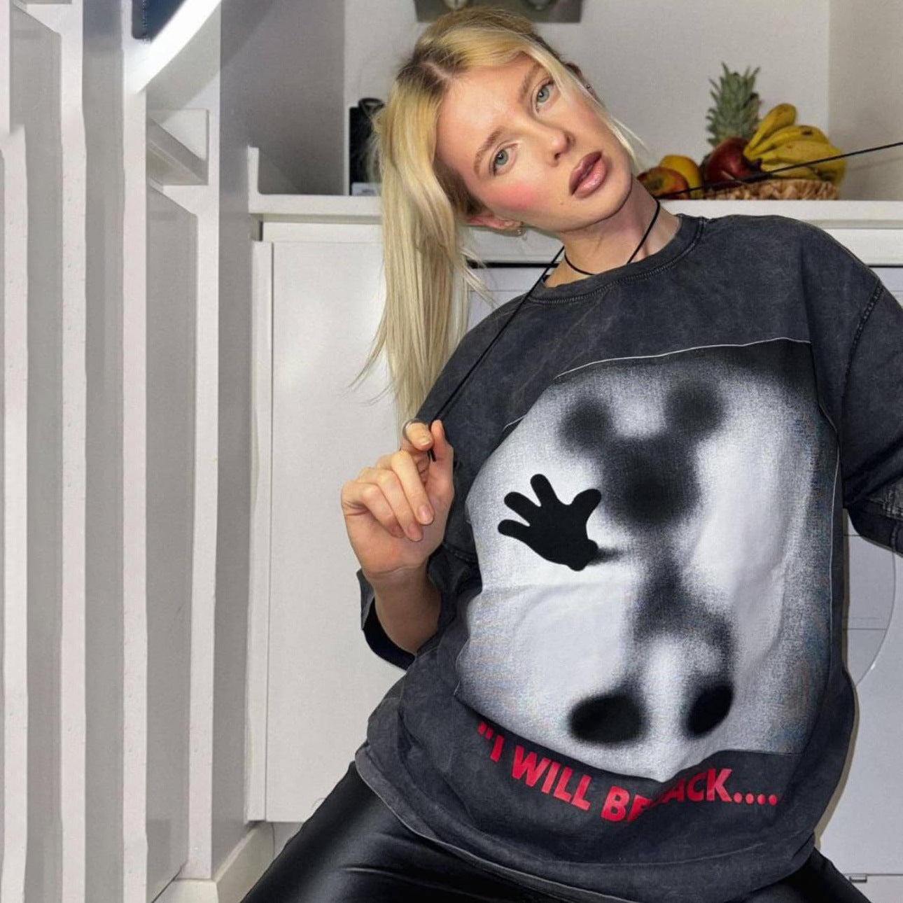 Damen Oversized Sweatshirt mit kreativem Grafischem Motiv Stalluxe Dunkelgrau