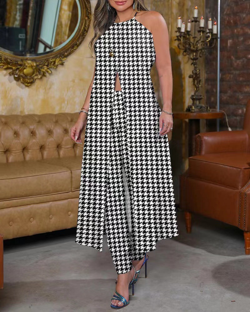 Damen Eleganter Overall mit hohem Kragen und modischem Karomuster Stalluxe