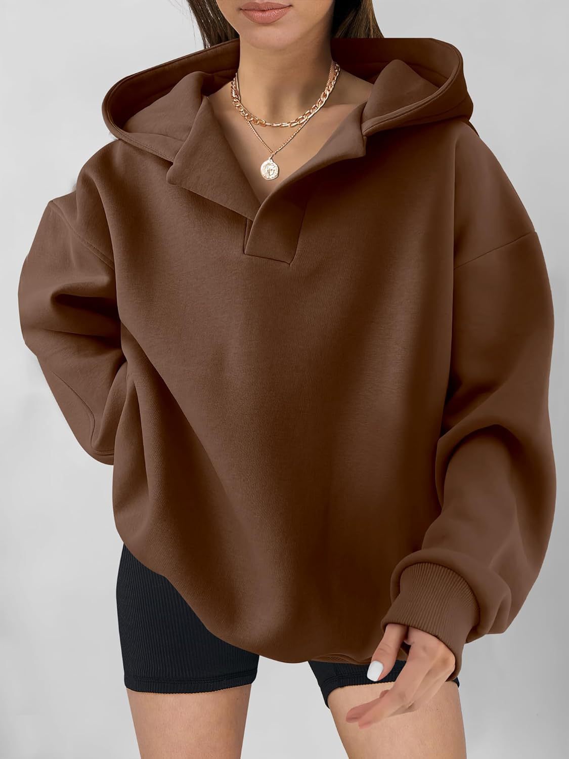 Damen Oversize Hoodie mit modernem Kragen und weichem Innenfutter Stalluxe Dunkelbraun