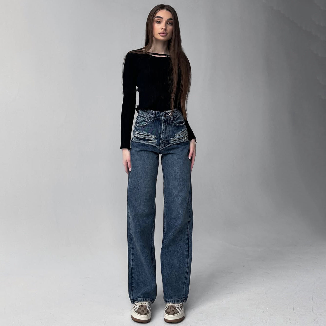 Damen Hohe Taillenjeans mit weitem Bein und Bindegürtel Stalluxe Blau