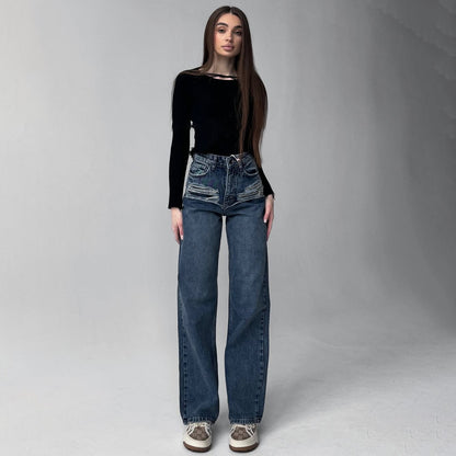 Damen Hohe Taillenjeans mit weitem Bein und Bindegürtel Stalluxe Blau