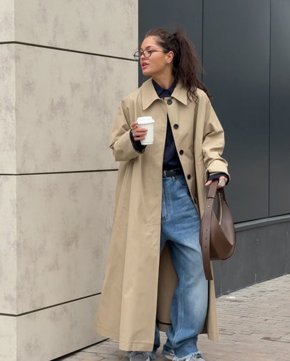 Damen Lange und elegante Trenchcoat-Jacke aus wasserabweisendem Material Stalluxe