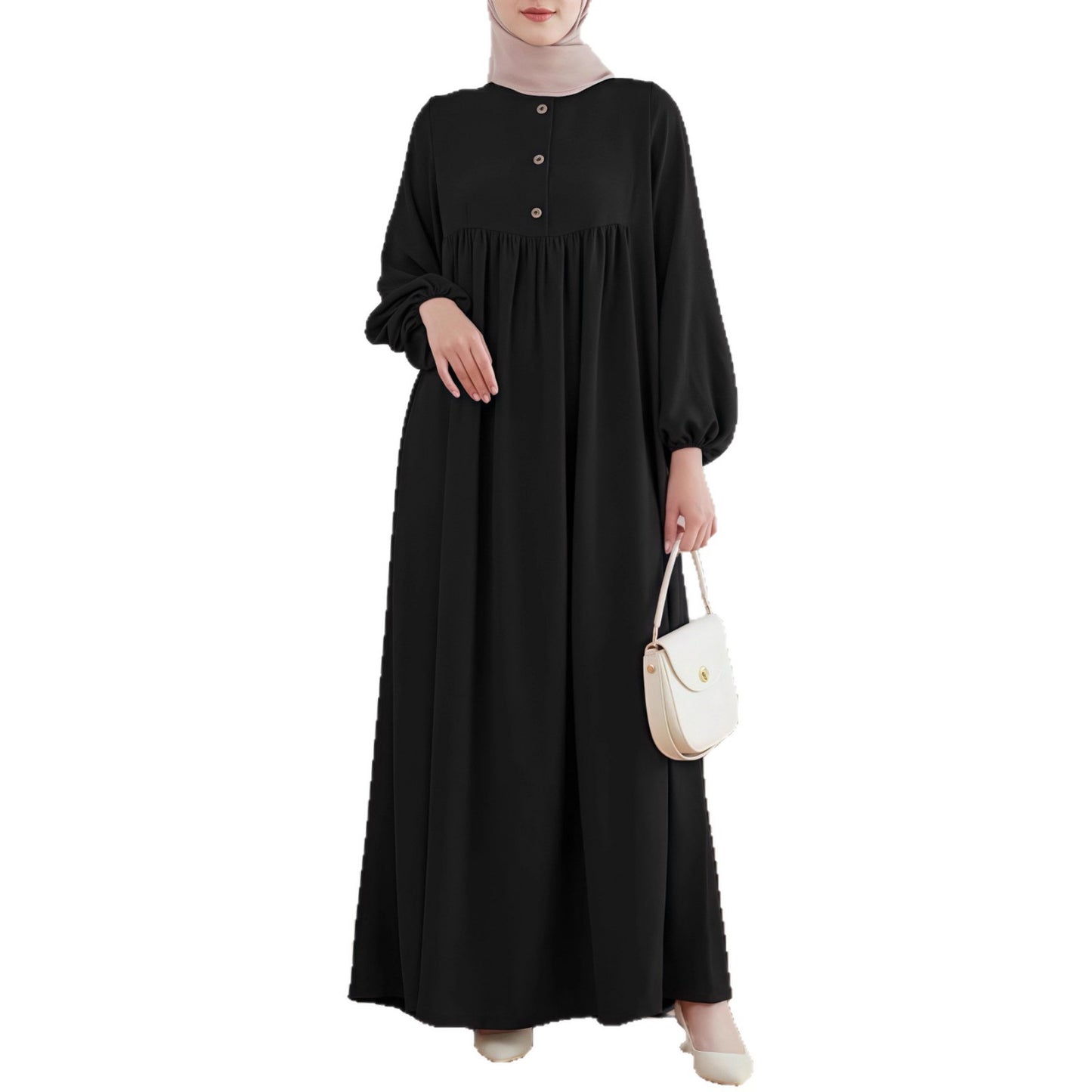Damen luftiges Maxikleid mit bequemer Knopfleiste und eleganten Puffärmeln Stalluxe