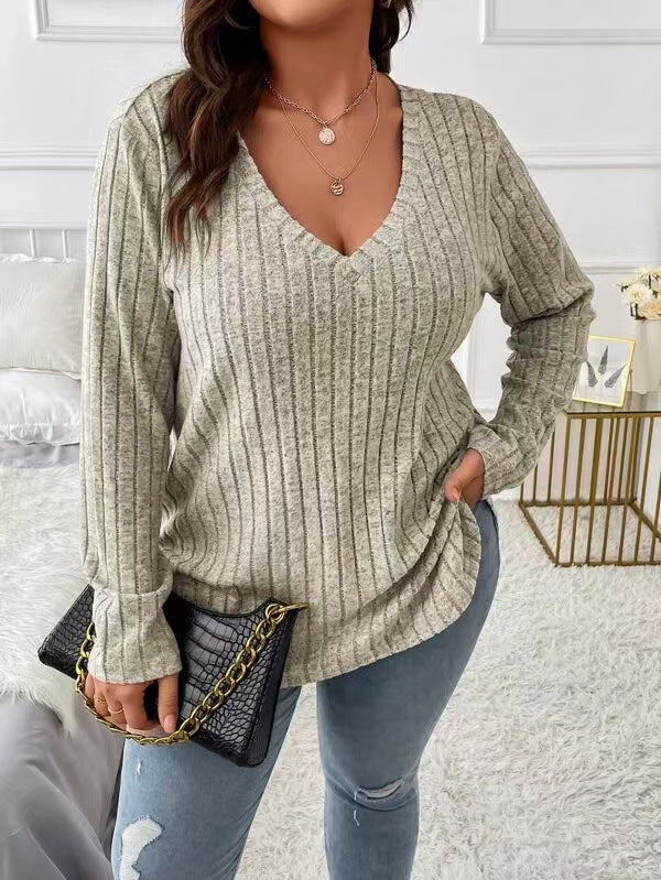 Damen Langarm V-Ausschnitt Shirt mit feiner Rippstruktur Stalluxe