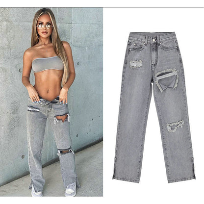 Damen lässige Ripped Jeans mit hoher Taille und modernen Fransen Stalluxe