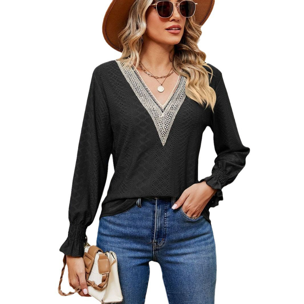 Damen Bluse mit luftigen Lochstickereien und V-Ausschnitt Stalluxe