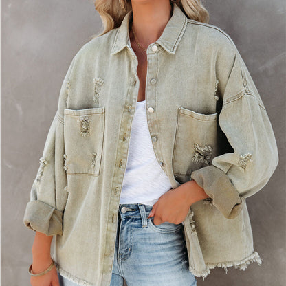 Damen Oversized Denim-Bluse mit Fransen Stalluxe
