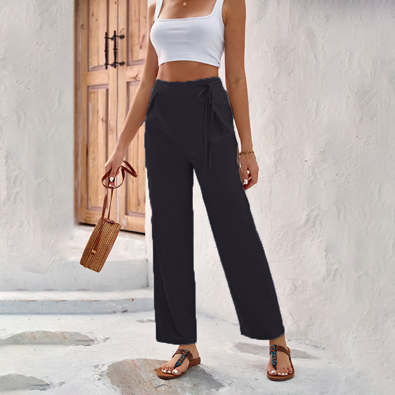 Damen Weitgeschnittene Sommerhose mit elastischem Bund und bindbarem Gürtel Stalluxe