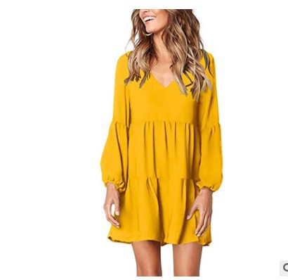 Damen fließendes Sommerkleid mit V-Ausschnitt und voluminösen Ärmeln Stalluxe