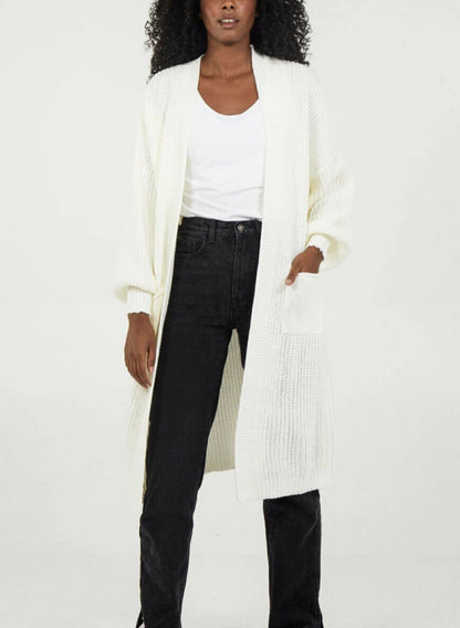 Damen Langer Strickcardigan mit voluminösen Ärmeln und offenem Schnitt Stalluxe