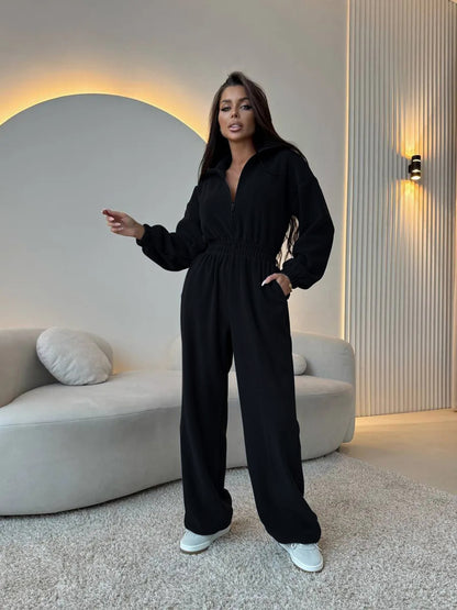 Damen modischer Fleece-Jumpsuit mit Reißverschluss und weitem Bein Stalluxe