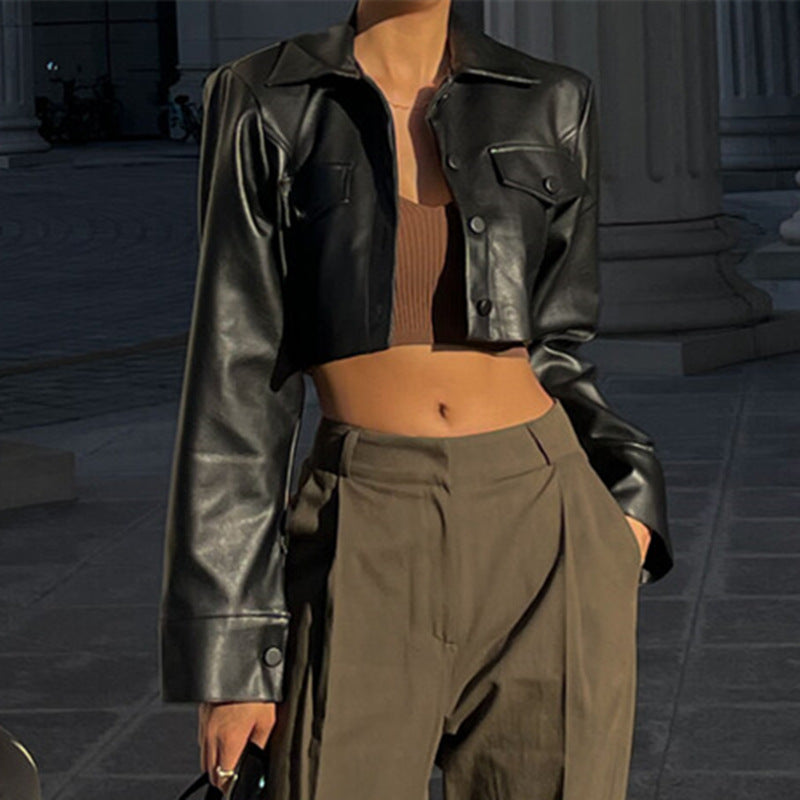 Damen Modische Cropped-Lederjacke mit Brusttaschen Stalluxe Schwarz