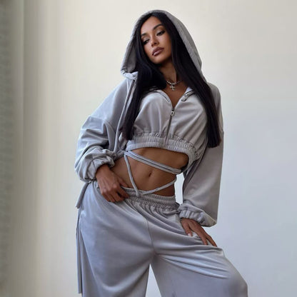 Damen Lässiges Sportanzug-Set mit Kapuzenoberteil und weitem Hosenstil Stalluxe