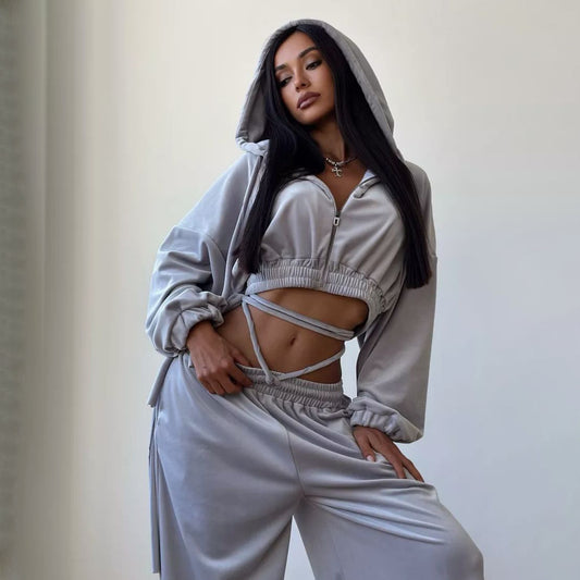 Damen Lässiges Sportanzug-Set mit Kapuzenoberteil und weitem Hosenstil Stalluxe