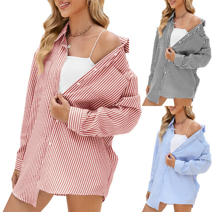 Damen lässiges Oversize-Hemd mit feinem Streifenmuster und Knopfdetails Stalluxe