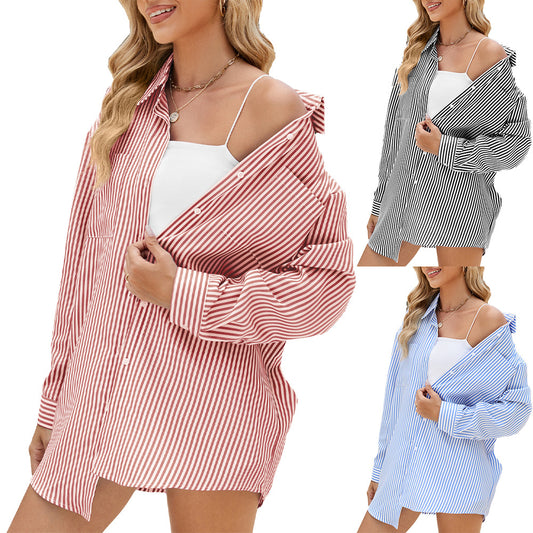 Damen lässiges Oversize-Hemd mit feinem Streifenmuster und Knopfdetails Stalluxe