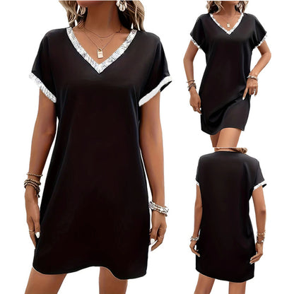 Damen lässiges V-Ausschnitt Kleid mit dekorativem Saum Stalluxe