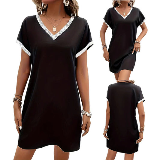 Damen lässiges V-Ausschnitt Kleid mit dekorativem Saum Stalluxe
