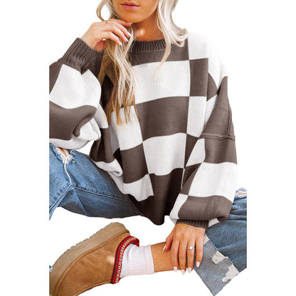 Damen Oversized Pullover mit Karomuster und voluminösen Ärmeln Stalluxe